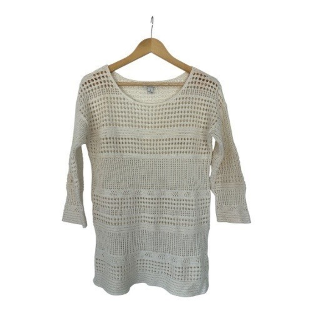 Fairy Core Crochet Knit Sweater M Boho Festival 70s 3/4 Sleeve Ivory Cream Tunic